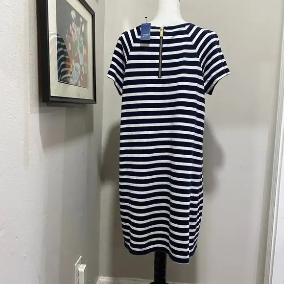NEW Crown & Ivy Dress Size Large Navy White Stripe Short Sleeve Knit Knee Length - Picture 4 of 11